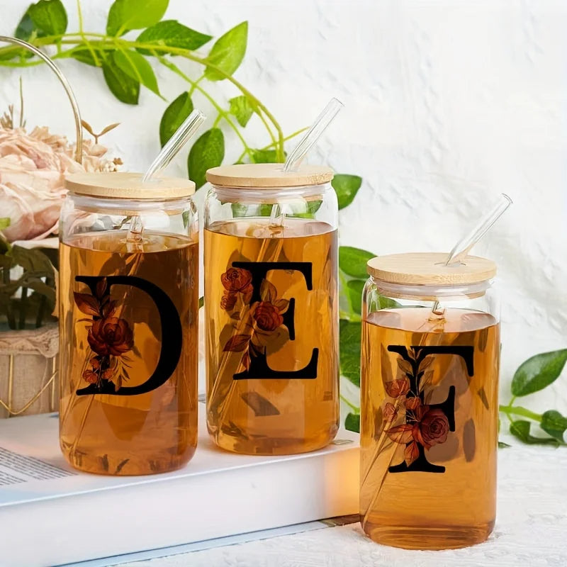 Alphabet Flowers Drinking Glass Letter A-Z Iced Coffee Water Juice Bottle