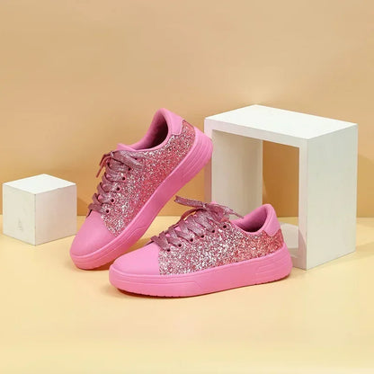 Women Sequins Sneakers Fashion Korean Style Lace Up Flat Shoes Thick Anti-slip