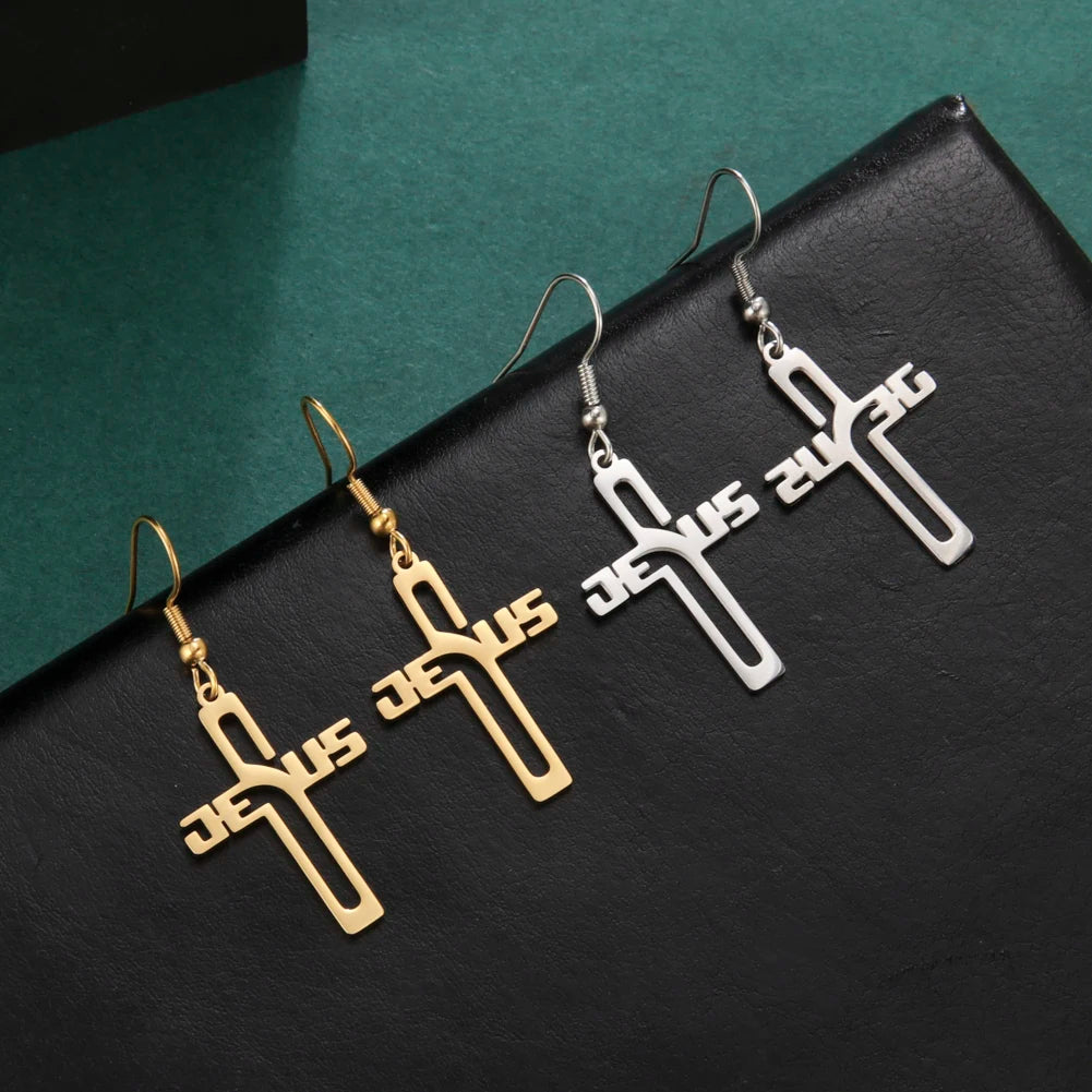 Christian Jesus Cross Dangling Earrings for Women Girls Stainless Steel