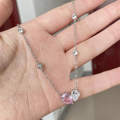 Romantic Pink Cubic Zirconia Heart Jewelry Sets for Women Fashion Water Drop Earrings Necklace