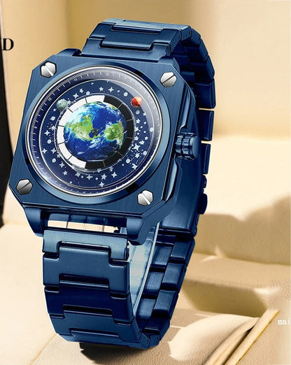 new concept wandering earth pattern men watch square blue planet rotating stainless steel waterproof quartz