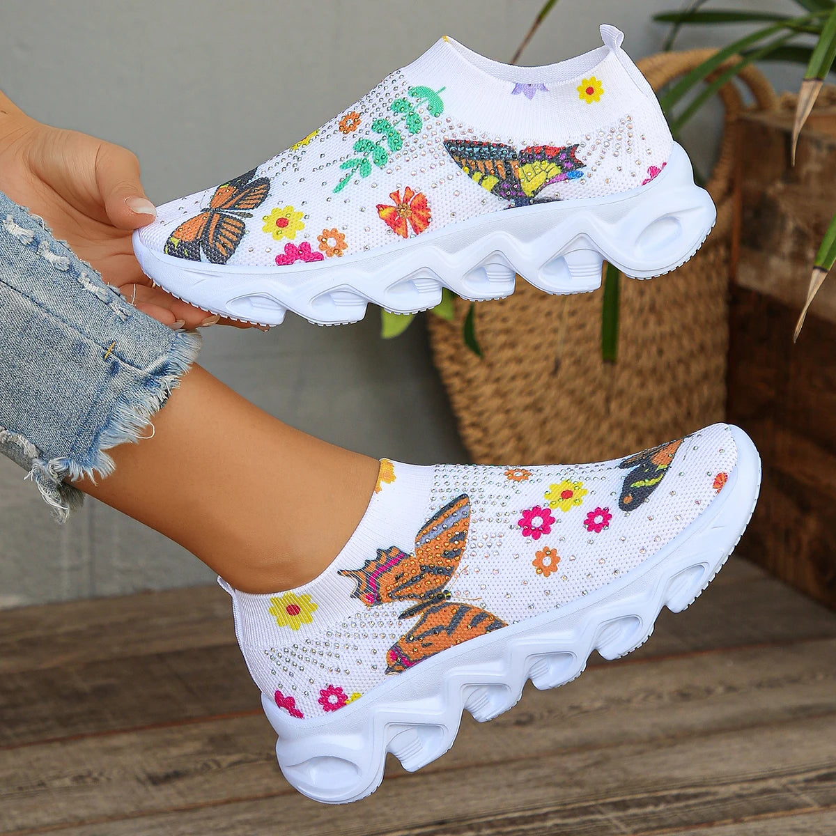 Butterfly Printed Sock Sneakers for Women, Crystal Floral Knitted Sneakers