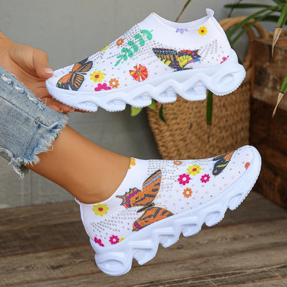 Butterfly Printed Sock Sneakers for Women, Crystal Floral Knitted Sneakers