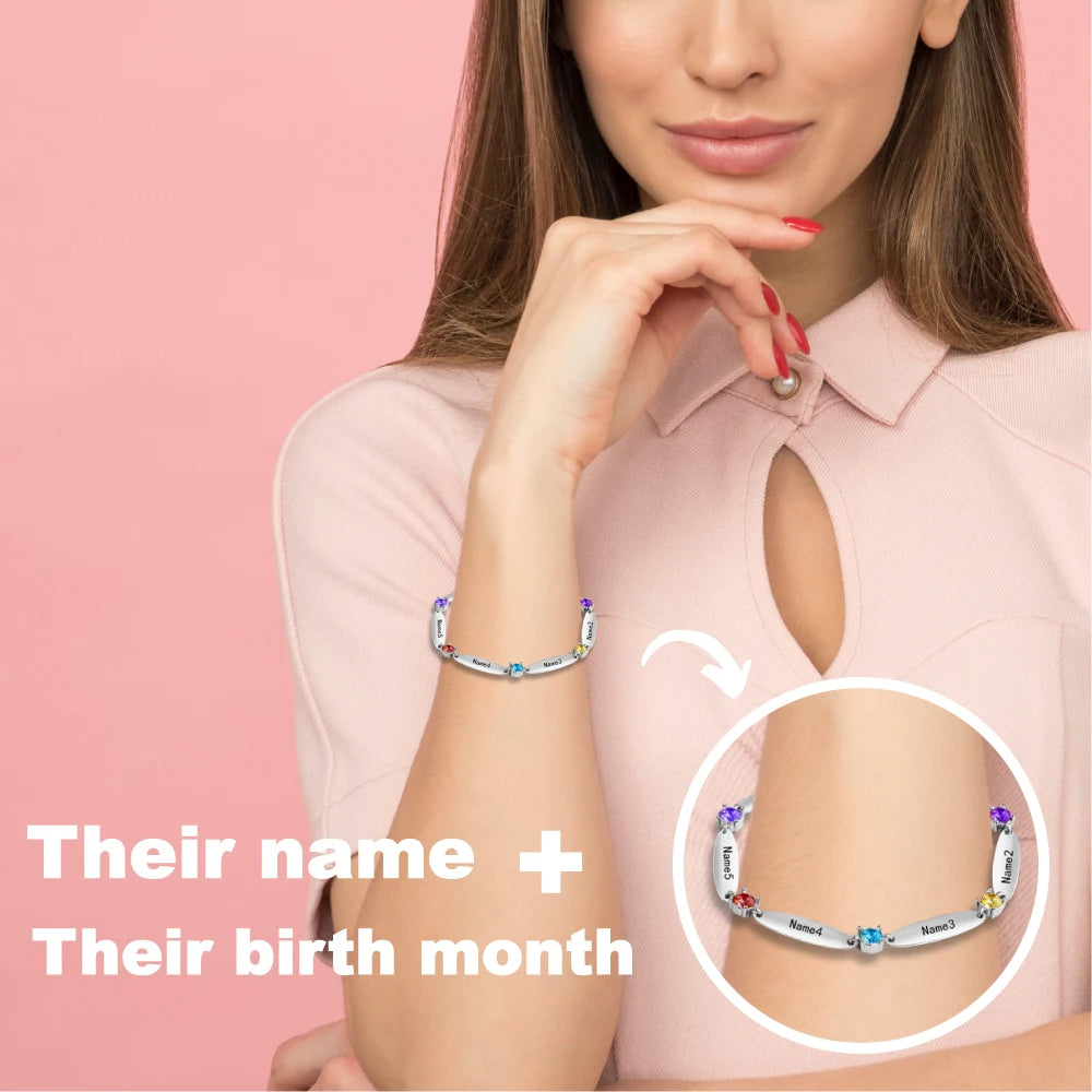 Customize Family Names Bracelet Free Engraving Bangle With Birthstone Crystal Personalized Women Mom