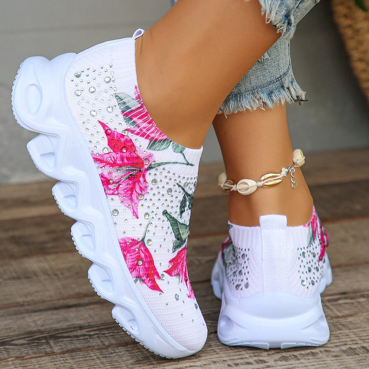 Crystal Floral Knitted Sneakers Women