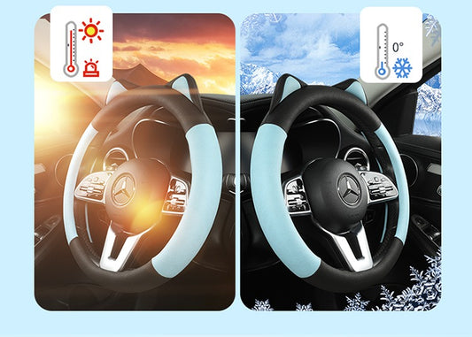 Car Steering Wheel Cover with Cat Ears Anti-slip Wear-resistant Technology Cloth Car Handle Cover Four Seasons