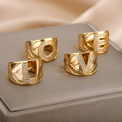 A-Z Letters Rings For Women Zircon Opening Gold Color Opening Ring Initials Alphabet