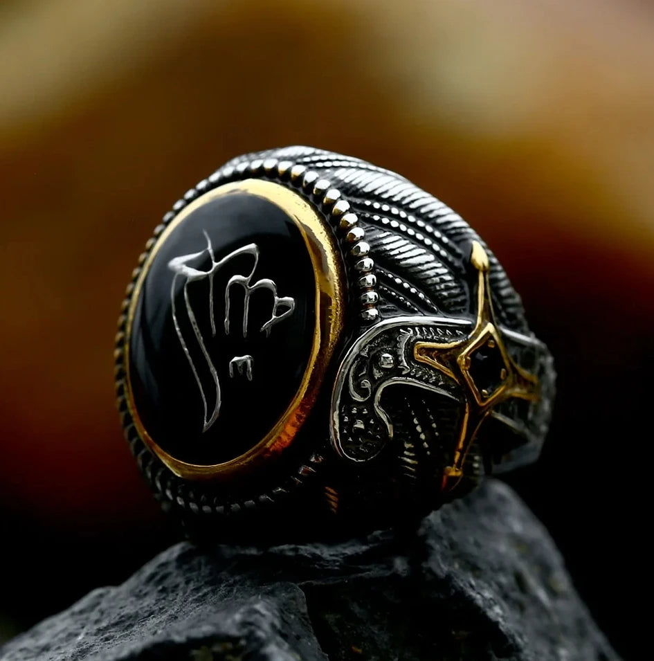 Islamic Alhamdulilah Stainless Steel Signet Ring Zircon Stone Ethnic Style