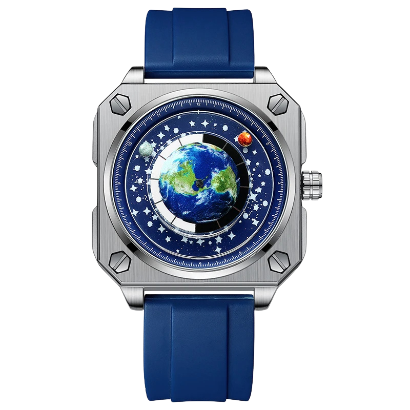 new concept wandering earth pattern men watch square blue planet rotating stainless steel waterproof quartz