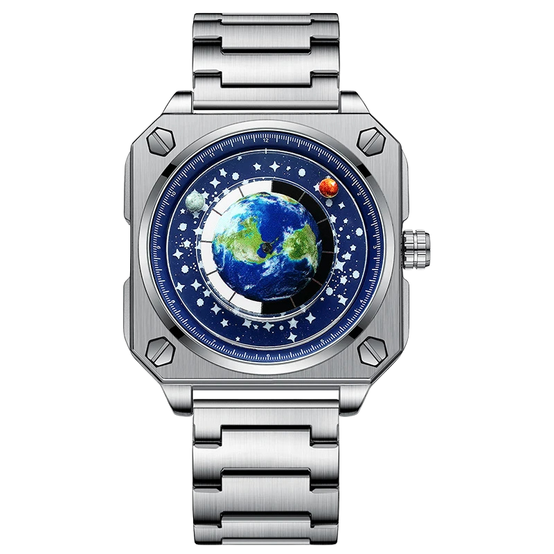 new concept wandering earth pattern men watch square blue planet rotating stainless steel waterproof quartz