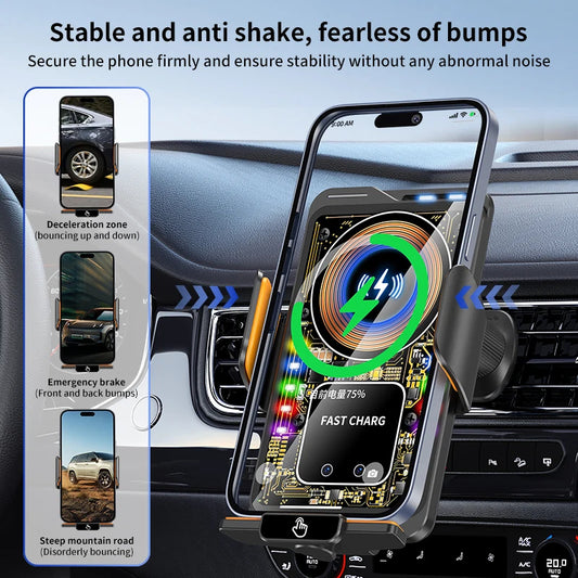 Magnetic Car Phone Holder 15W Wireless Fast Charging Infrared Sensing with Light Touch Control for iPhone Android