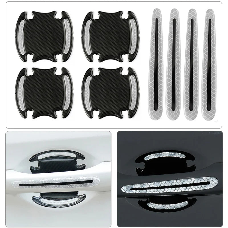 8PCS Car Door Bowl Handle Protector Safety Warning Anti-collision Anti-scratch Reflective Strip Exterior Protection