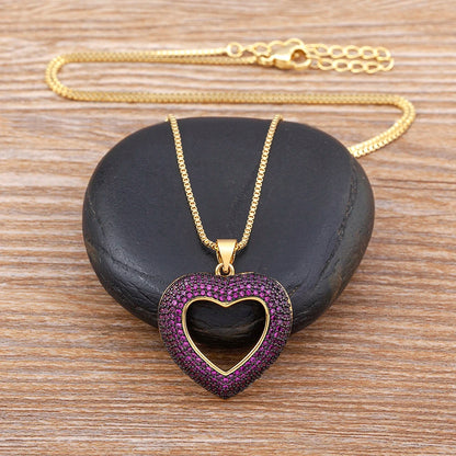 Heart Shape Hollow Crystal Zircon Pendant Link Chain Necklace for Women