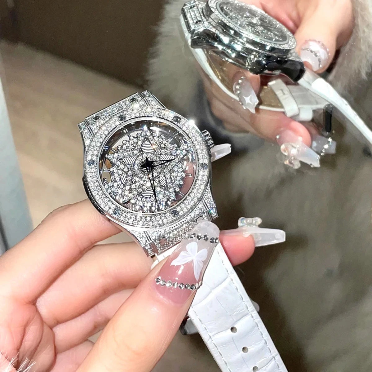 Women's Watch With Transparent Back, Diamond Inlay, Rotatable Starry Sky Dial, Snow Flake Pattern, Water Resist