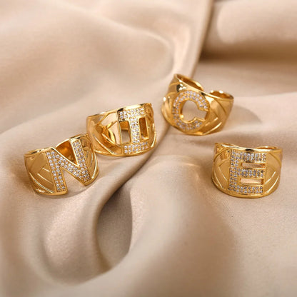 A-Z Letters Rings For Women Zircon Opening Gold Color Opening Ring Initials Alphabet