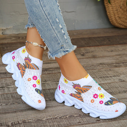 Butterfly Printed Sock Sneakers for Women, Crystal Floral Knitted Sneakers