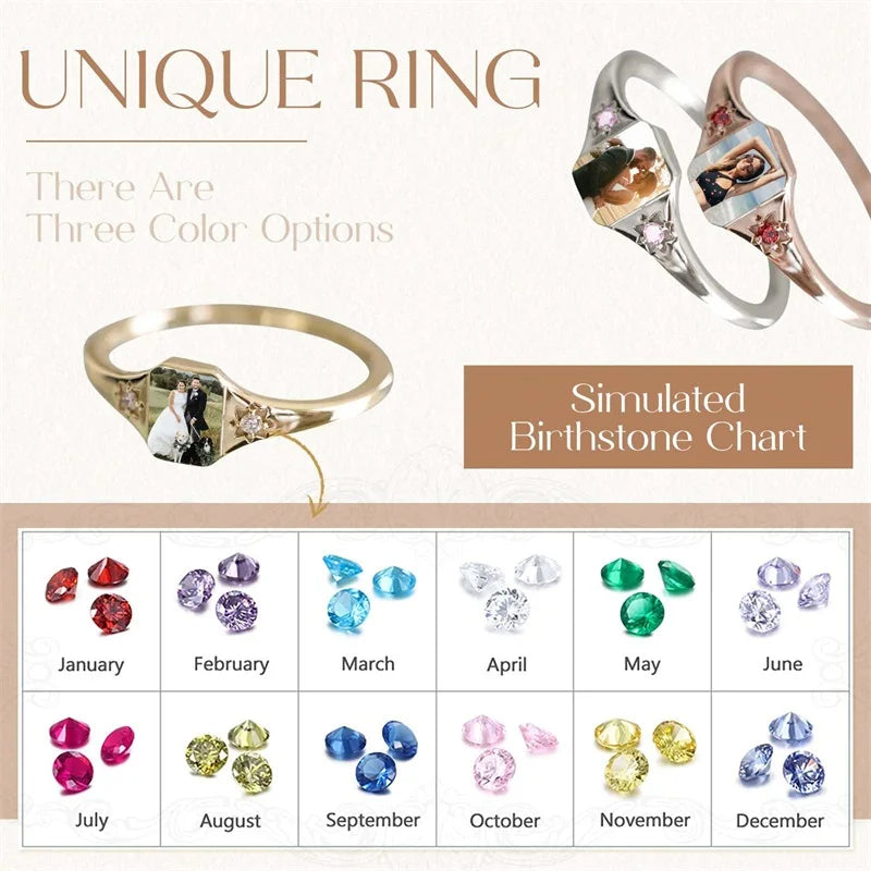 Custom Photo Ring, Personalized Birthstone Rings for Women