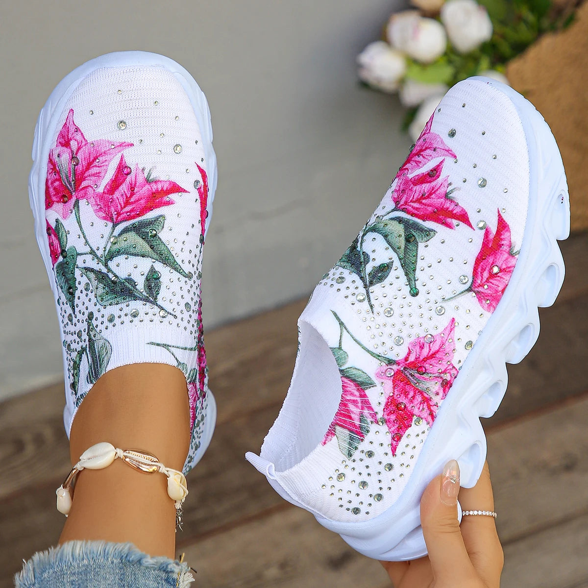 Butterfly Printed Sock Sneakers for Women, Crystal Floral Knitted Sneakers