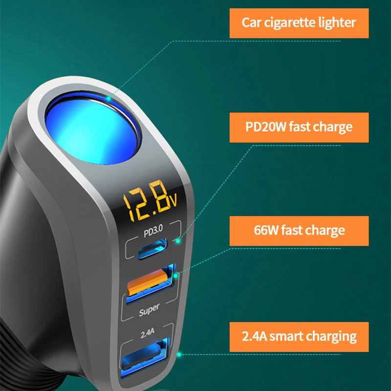 USB Car Charger Super Fast Charging QC3.0 PD 66W Quick Charge Cigarette Lighter Socket for iPhone Xiaomi Samsung