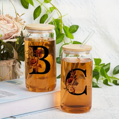 Alphabet Flowers Drinking Glass Letter A-Z Iced Coffee Water Juice Bottle