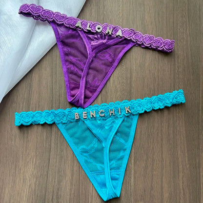 Personalized Custom Name Crystal Letter Thong Lace Bikini Panties