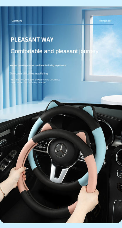 Car Steering Wheel Cover with Cat Ears Anti-slip Wear-resistant Technology Cloth Car Handle Cover Four Seasons