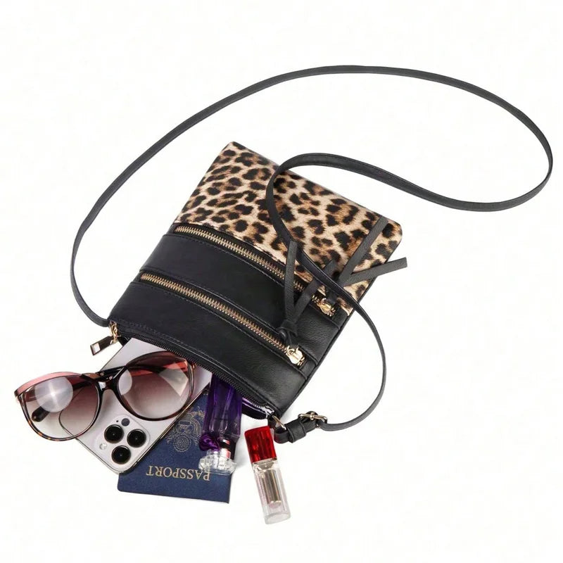 Double Zipper Leopard Pattern Crossbody Bags For Women