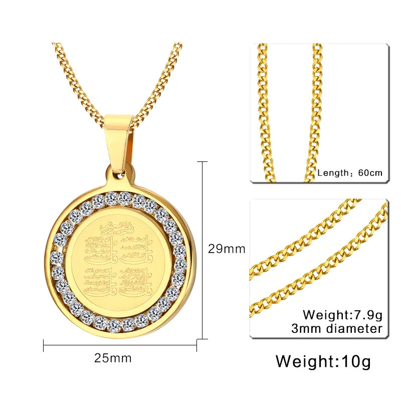 4 Qul Muslim Islamic  Pendant Stainless Steel Gold  Necklace