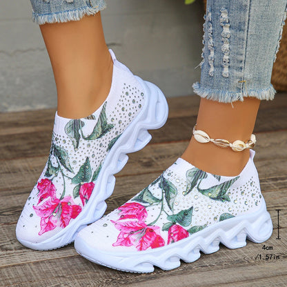 Butterfly Printed Sock Sneakers for Women, Crystal Floral Knitted Sneakers