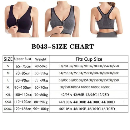 Working and Running Fitness Sports Bra Front Zipper Women's Shockproof Breathable