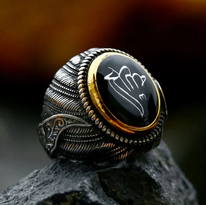 Islamic Alhamdulilah Stainless Steel Signet Ring Zircon Stone Ethnic Style