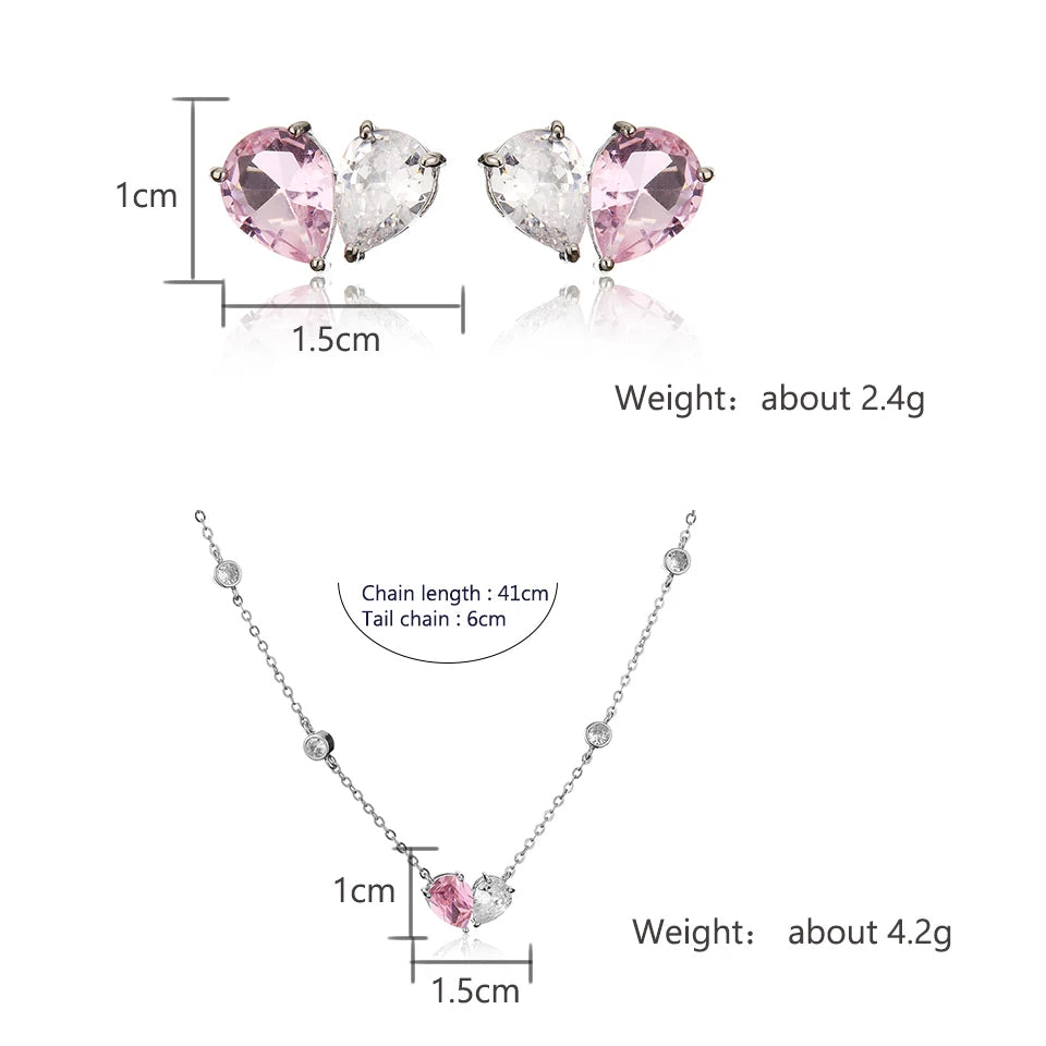 Romantic Pink Cubic Zirconia Heart Jewelry Sets for Women Fashion Water Drop Earrings Necklace