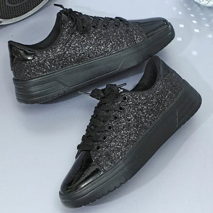 Women Sequins Sneakers Fashion Korean Style Lace Up Flat Shoes Thick Anti-slip