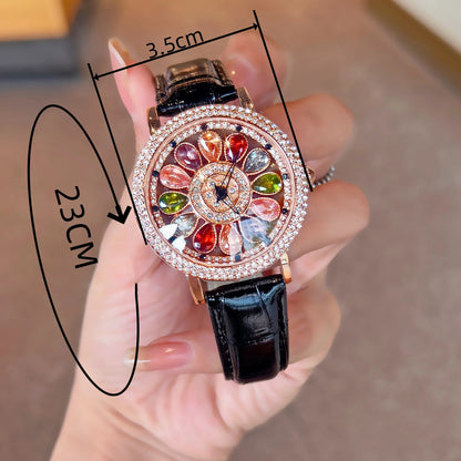 Women's Quartz Watch With Colorful Rhinestone Inlay, Featuring An Alluring Rotatable Dial, Durable