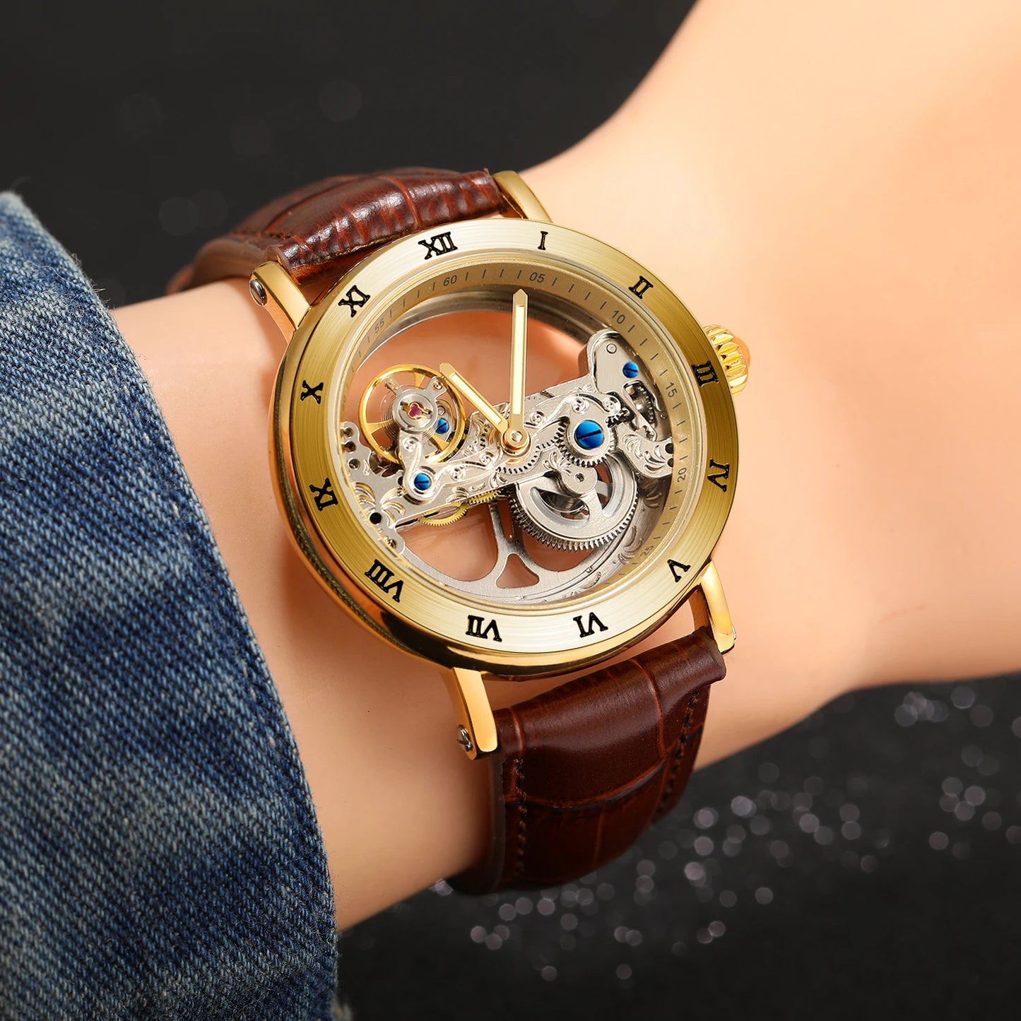 mechanical watches Golden Bridge Skeleton Automatic Men's Watch Luxury Genuine Leather Belt Carved Movement Luminous Pointer