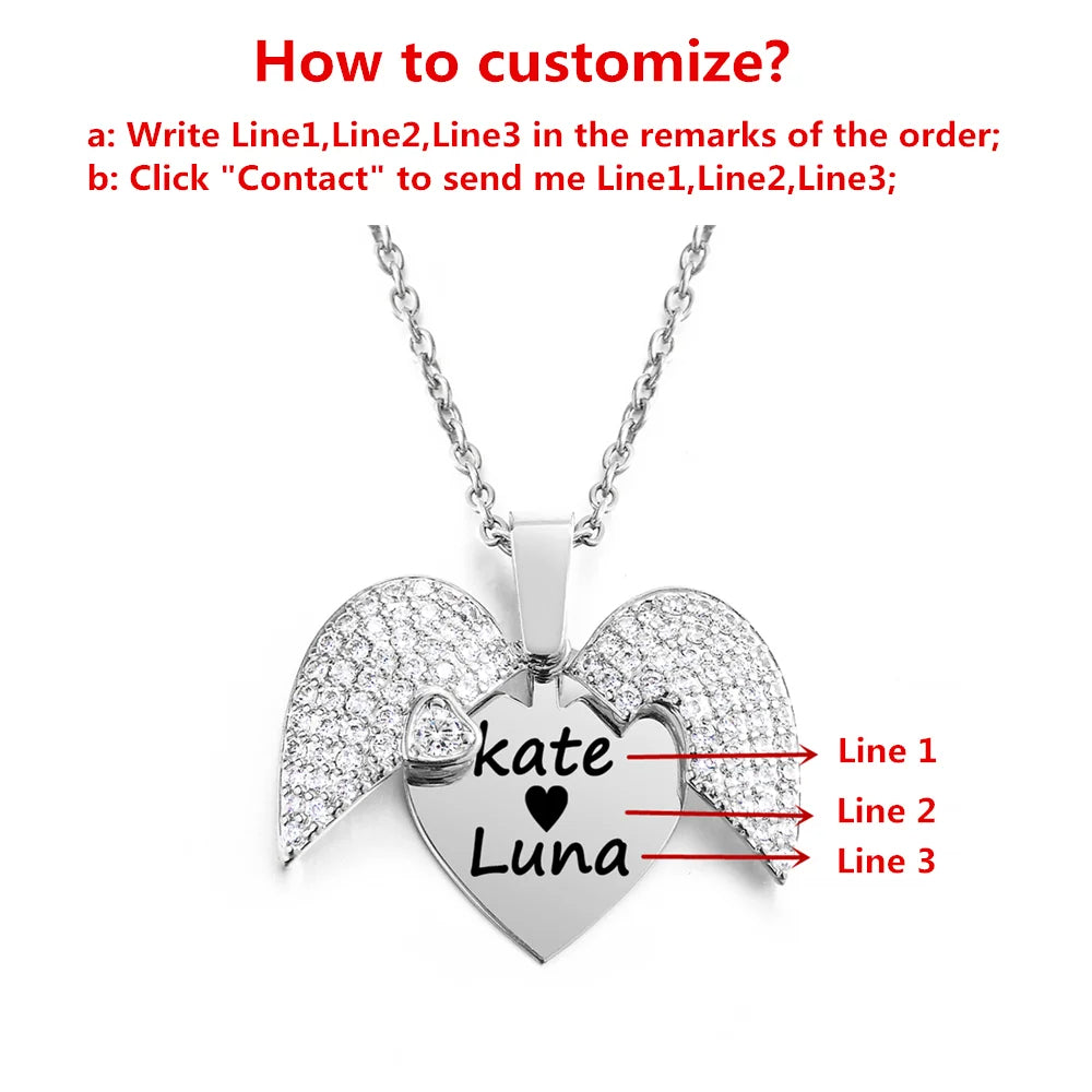 Personalized Women Chain Necklace Custom Engraved Heart Name Openable Heart Crystal Wings Pendant Neklace