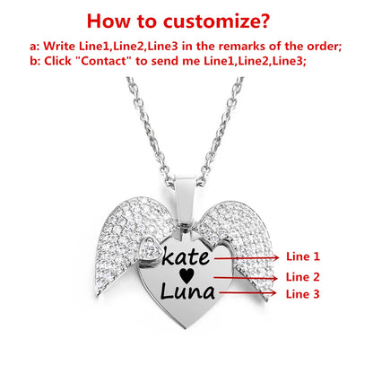 Personalized Women Chain Necklace Custom Engraved Heart Name Openable Heart Crystal Wings Pendant Neklace