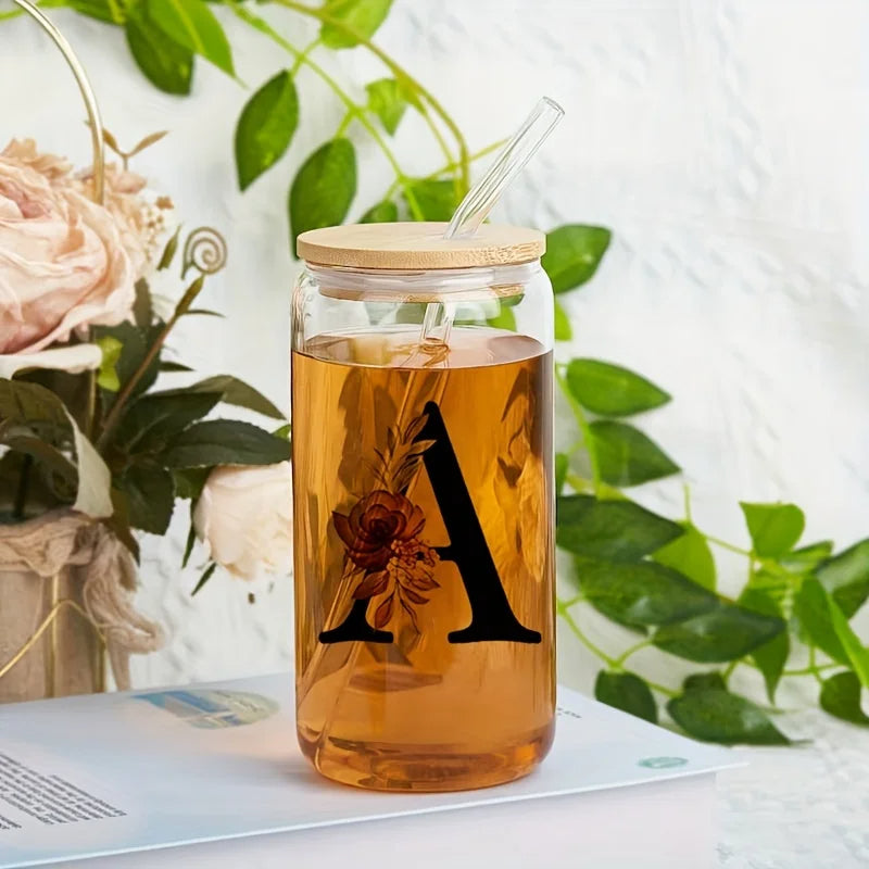 Alphabet Flowers Drinking Glass Letter A-Z Iced Coffee Water Juice Bottle