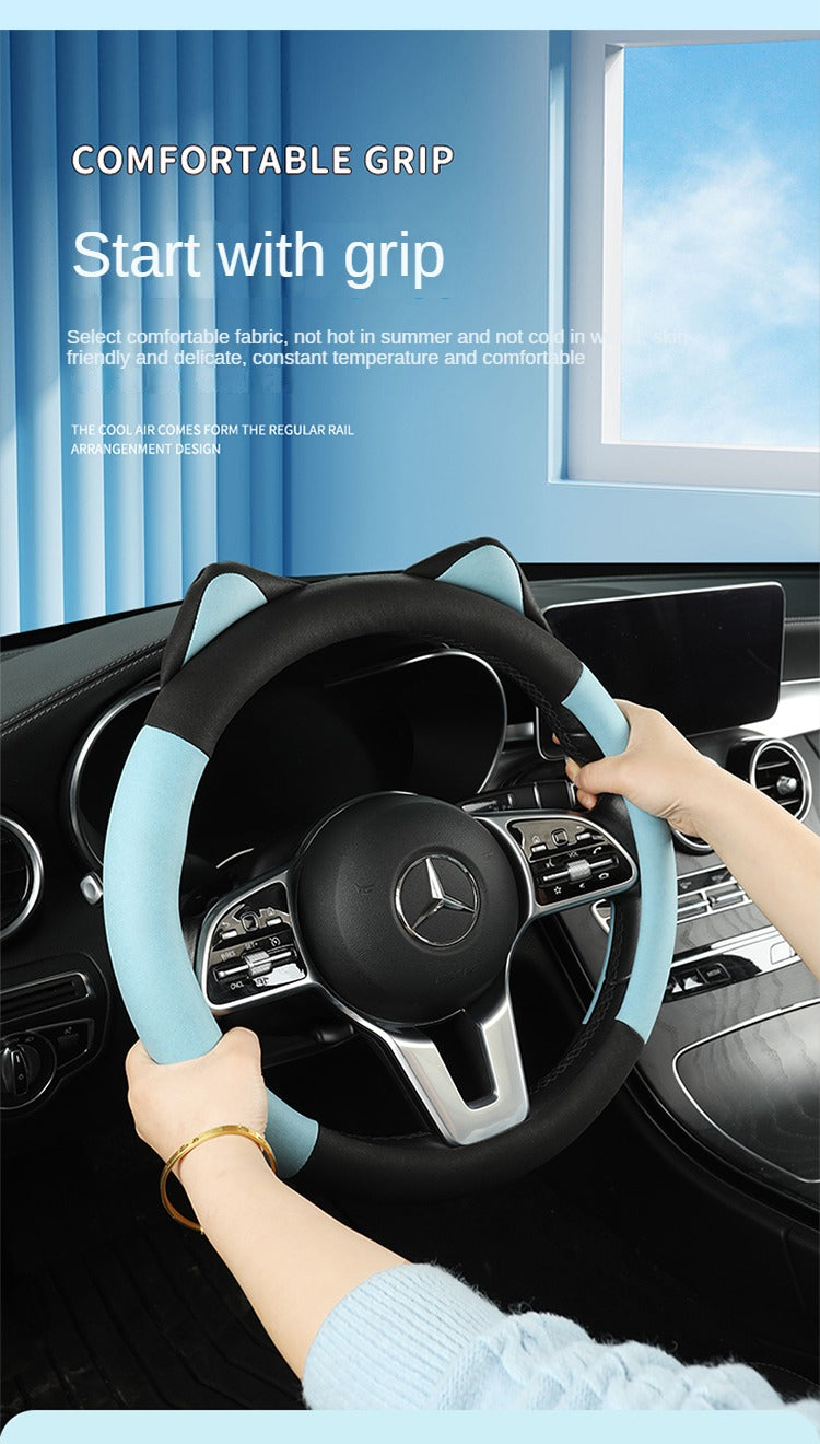 Car Steering Wheel Cover with Cat Ears Anti-slip Wear-resistant Technology Cloth Car Handle Cover Four Seasons