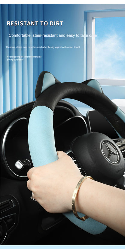 Car Steering Wheel Cover with Cat Ears Anti-slip Wear-resistant Technology Cloth Car Handle Cover Four Seasons