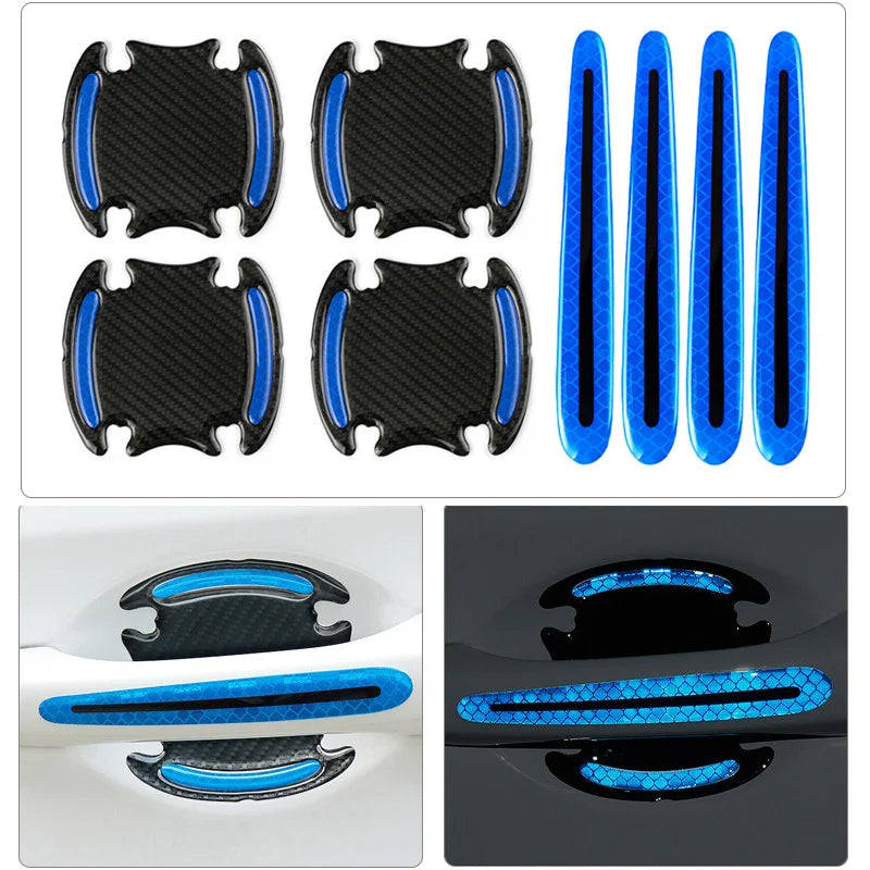 8PCS Car Door Bowl Handle Protector Safety Warning Anti-collision Anti-scratch Reflective Strip Exterior Protection