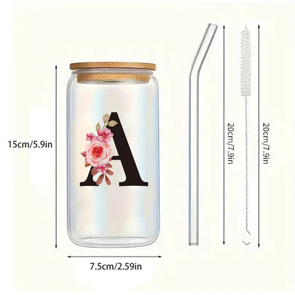 Alphabet Flowers Drinking Glass Letter A-Z Iced Coffee Water Juice Bottle