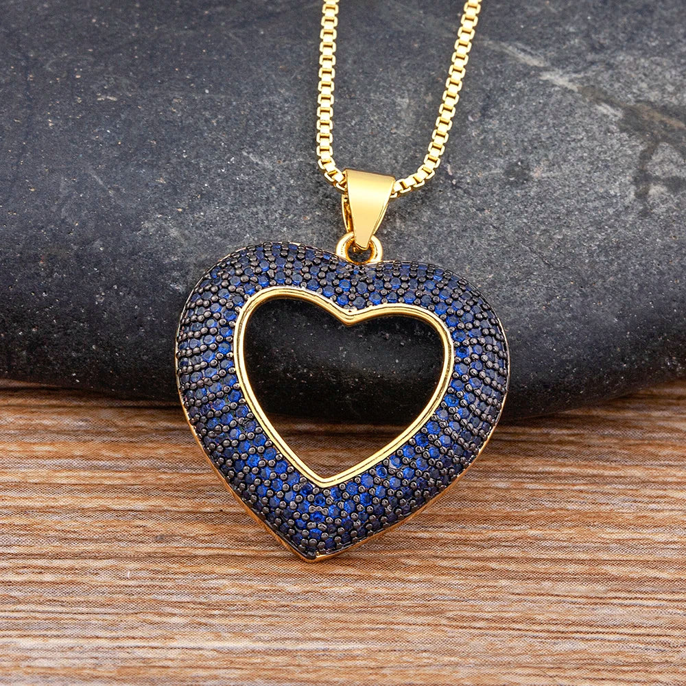 Heart Shape Hollow Crystal Zircon Pendant Link Chain Necklace for Women