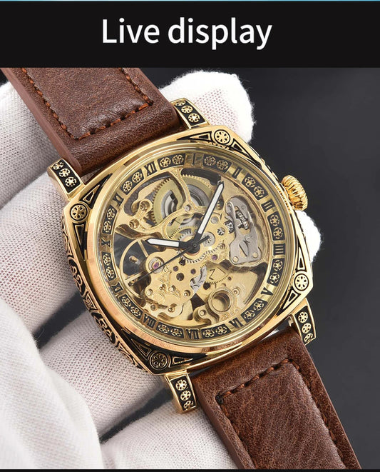 Retro Automatic Watch Mechanical Wristwatches Skeleton Waterproof Leather