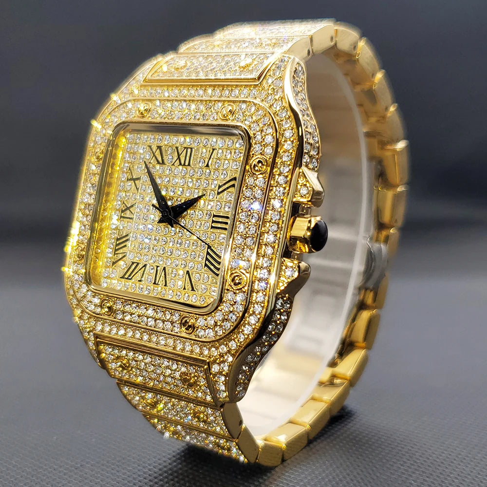 Quartz Wristwatches Iced Out Luxury Square with Full Diamond Unique