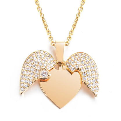 Personalized Women Chain Necklace Custom Engraved Heart Name Openable Heart Crystal Wings Pendant Neklace