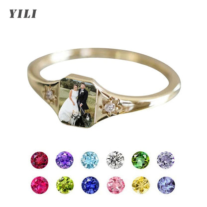 Custom Photo Ring, Personalized Birthstone Rings for Women