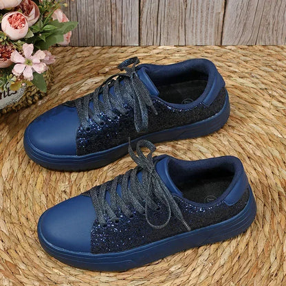 Women Sequins Sneakers Fashion Korean Style Lace Up Flat Shoes Thick Anti-slip