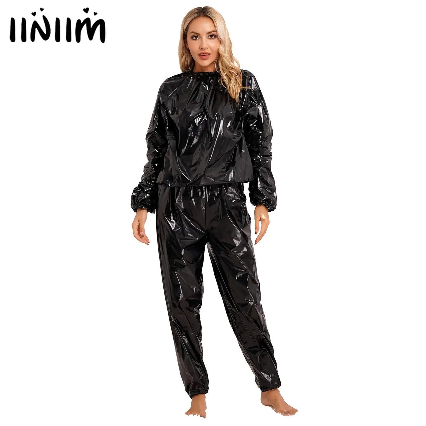 Men Women PVC Sauna Suit Long Sleeve Elastic Cuff Top Pants Set Weight Loss Sweat Suit Slimming Fitness Gym Jogging Workout Suit