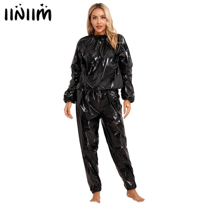 Men Women PVC Sauna Suit Long Sleeve Elastic Cuff Top Pants Set Weight Loss Sweat Suit Slimming Fitness Gym Jogging Workout Suit